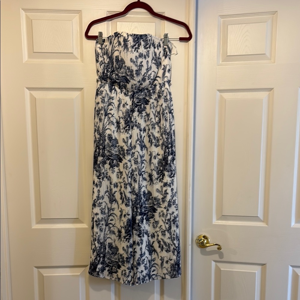 Club Monaco Strapless Wide Leg Jumpsuit in Blue and White